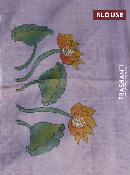 Pure tussar silk saree pastel purple and deep wine shade with allover hand painted prints and embroidery cut work border