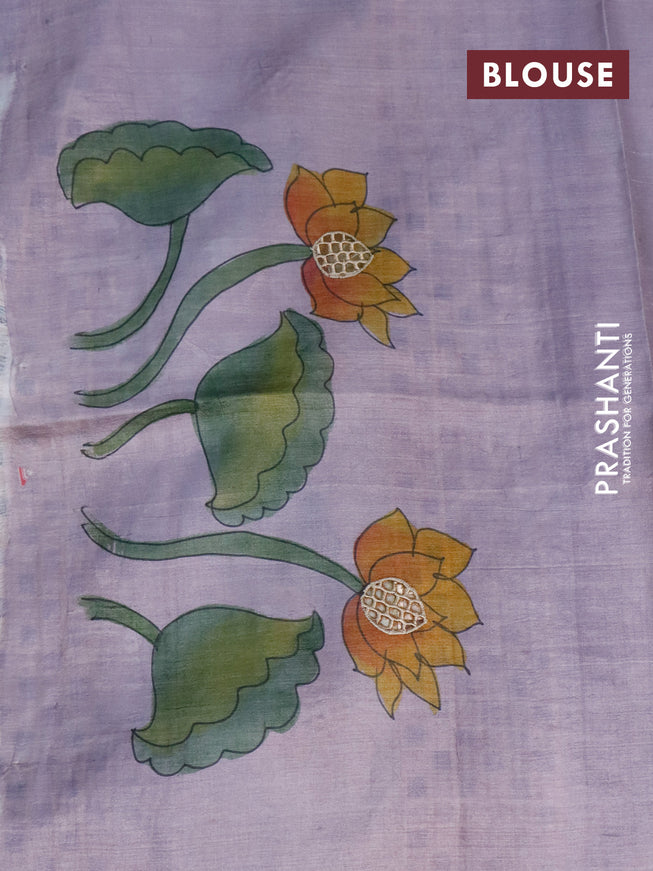 Pure tussar silk saree pastel purple and deep wine shade with allover hand painted prints and embroidery cut work border