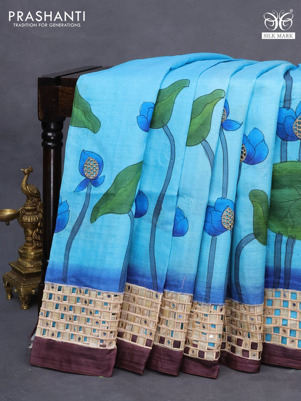 Pure tussar silk saree light blue and deep wine shade with allover hand painted prints and embroidery cut work border