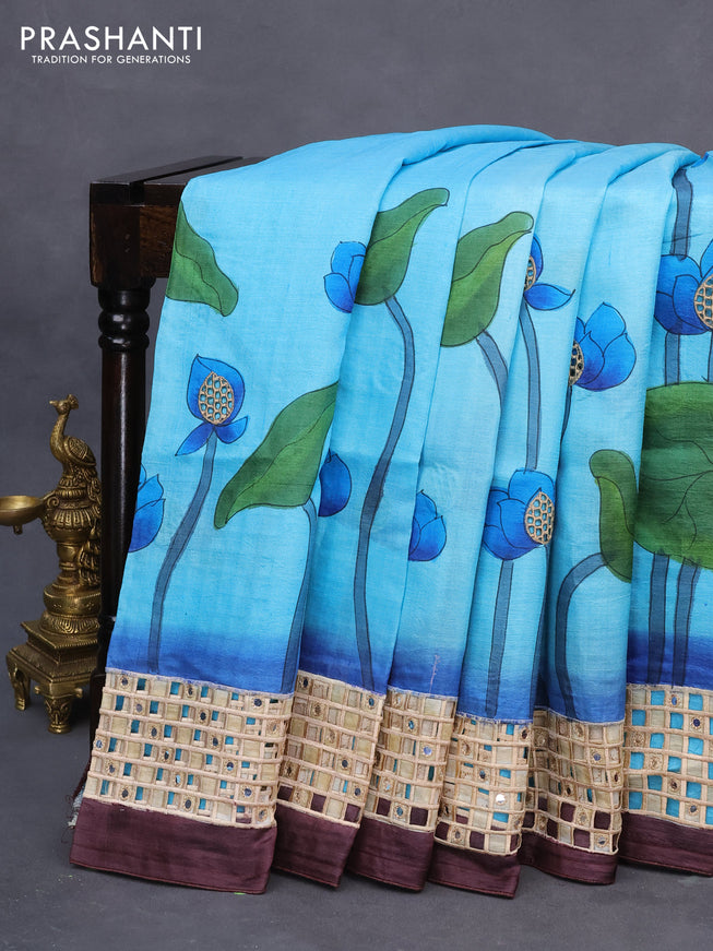 Pure tussar silk saree light blue and deep wine shade with allover hand painted prints and embroidery cut work border