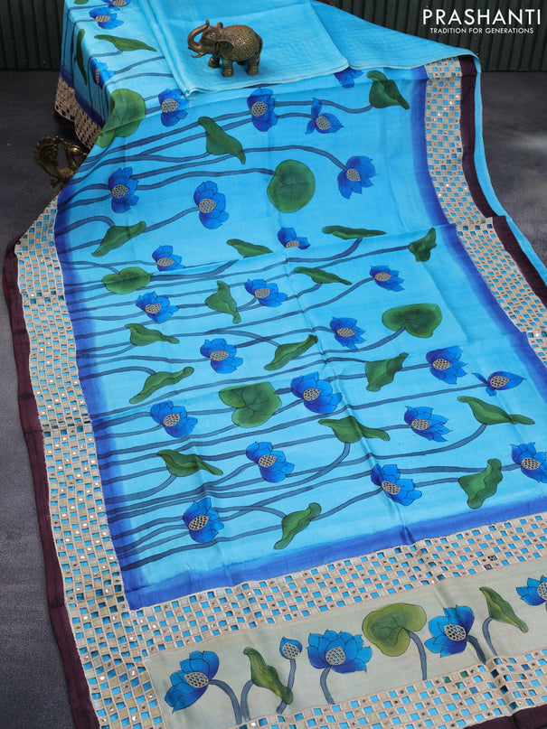 Pure tussar silk saree light blue and deep wine shade with allover hand painted prints and embroidery cut work border