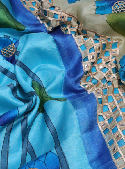 Pure tussar silk saree light blue and deep wine shade with allover hand painted prints and embroidery cut work border