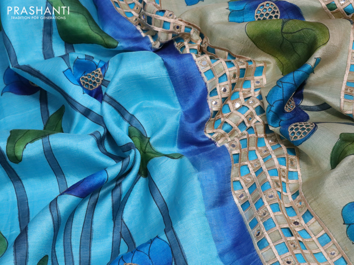 Pure tussar silk saree light blue and deep wine shade with allover hand painted prints and embroidery cut work border