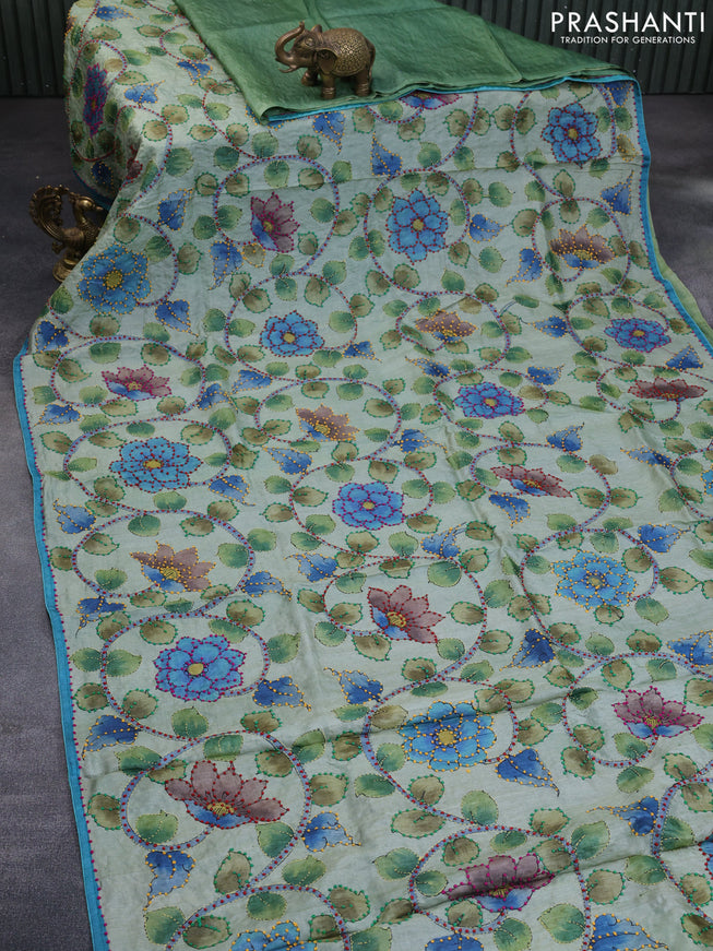 Pure tussar silk saree pastel green shade and teal blue with allover kalamkari prints & french knot work and piping border