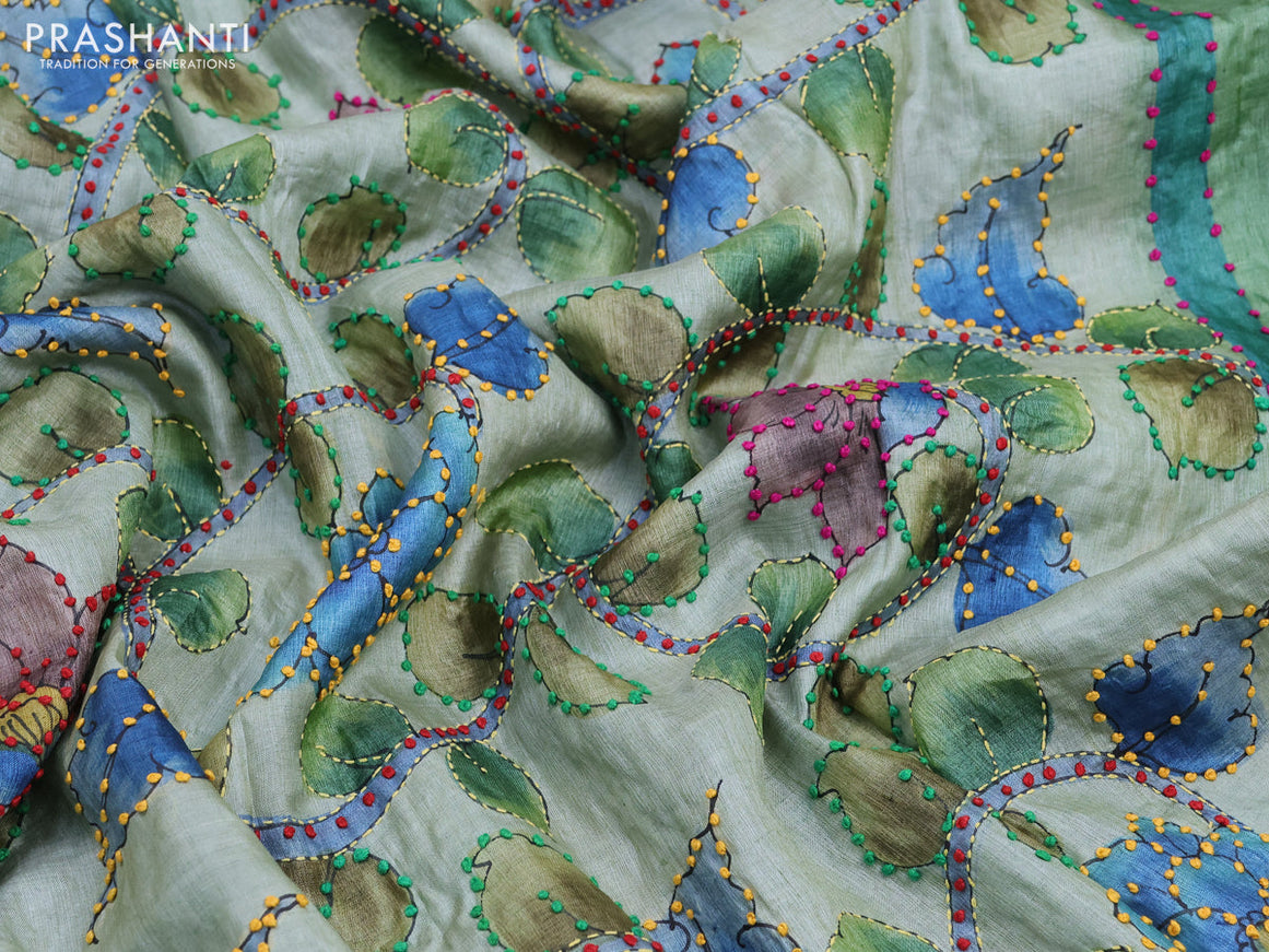 Pure tussar silk saree pastel green shade and teal blue with allover kalamkari prints & french knot work and piping border