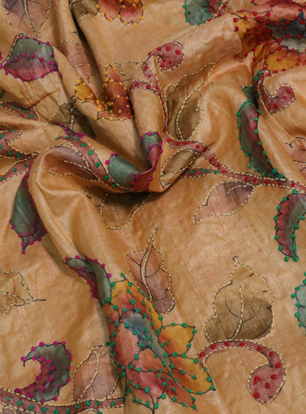 Pure tussar silk saree yellow shade and sandal with allover kalamkari prints & french knot work and piping border