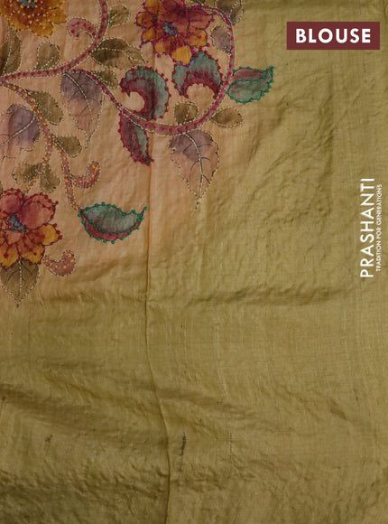 Pure tussar silk saree yellow shade and sandal with allover kalamkari prints & french knot work and piping border