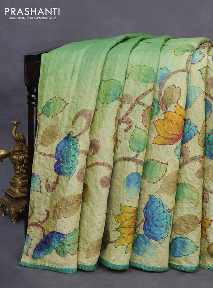 Pure tussar silk saree pastel green shade and grey shade with allover kalamkari prints & french knot work and piping border