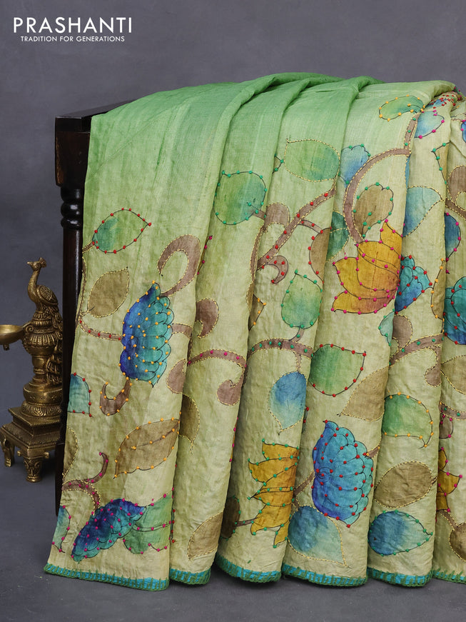 Pure tussar silk saree pastel green shade and grey shade with allover kalamkari prints & french knot work and piping border