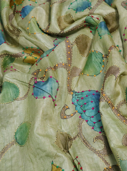 Pure tussar silk saree pastel green shade and grey shade with allover kalamkari prints & french knot work and piping border