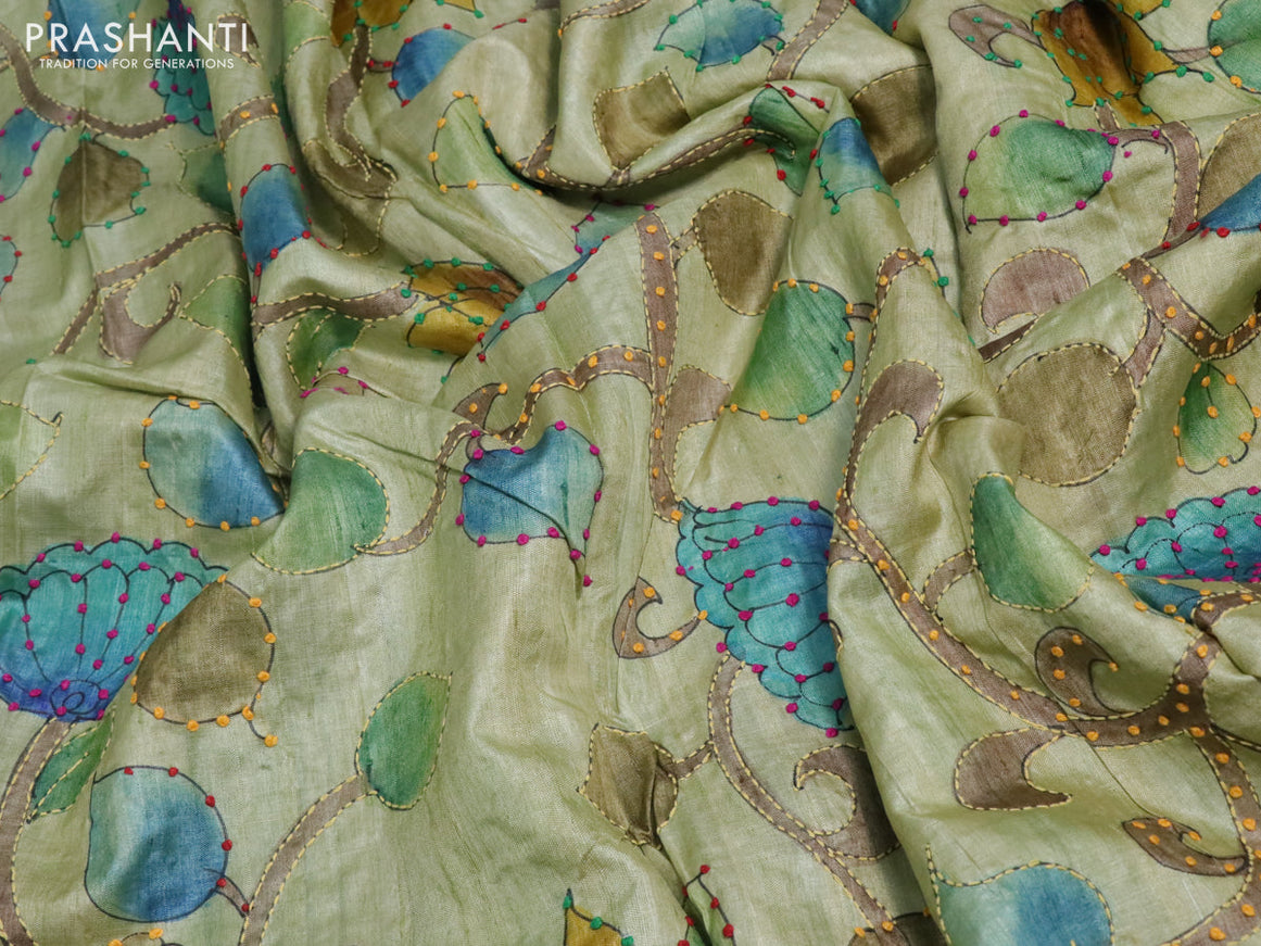 Pure tussar silk saree pastel green shade and grey shade with allover kalamkari prints & french knot work and piping border