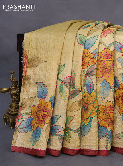 Pure tussar silk saree pale yellow and peach shade with allover kalamkari prints & french knot work and piping border