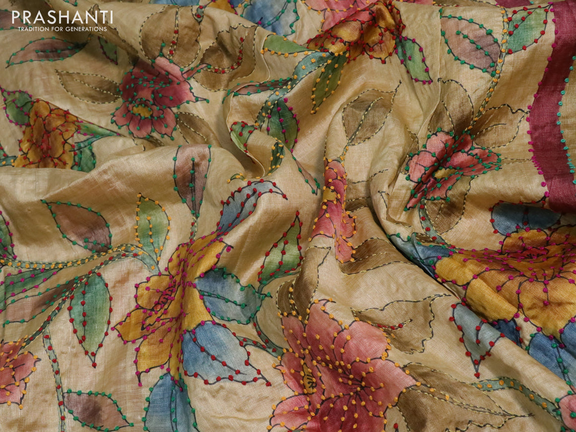 Pure tussar silk saree pale yellow and peach shade with allover kalamkari prints & french knot work and piping border