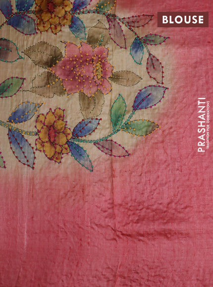 Pure tussar silk saree pale yellow and peach shade with allover kalamkari prints & french knot work and piping border