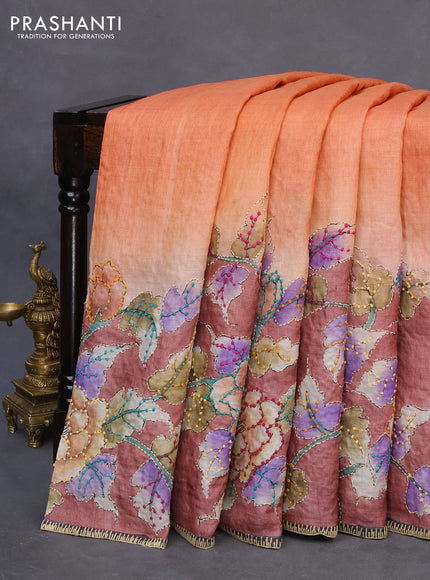 Pure tussar silk saree multi colour and rustic orange with allover kalamkari prints & french knot work and piping border