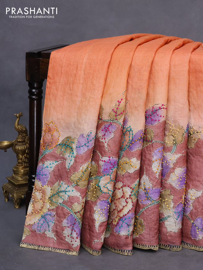 Pure tussar silk saree multi colour and rustic orange with allover kalamkari prints & french knot work and piping border