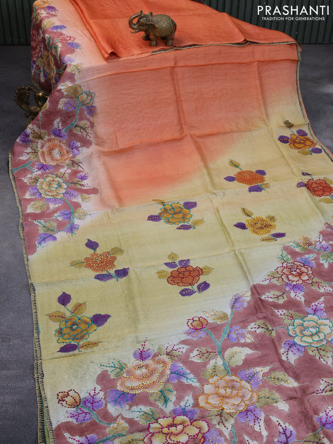 Pure tussar silk saree multi colour and rustic orange with allover kalamkari prints & french knot work and piping border