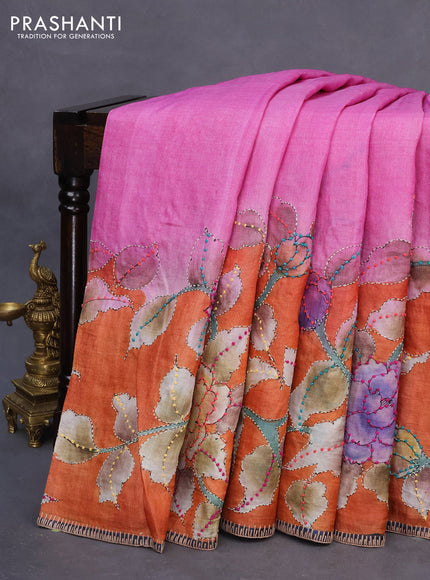 Pure tussar silk saree light pink and rustic orange with allover kalamkari prints & french knot work and piping border