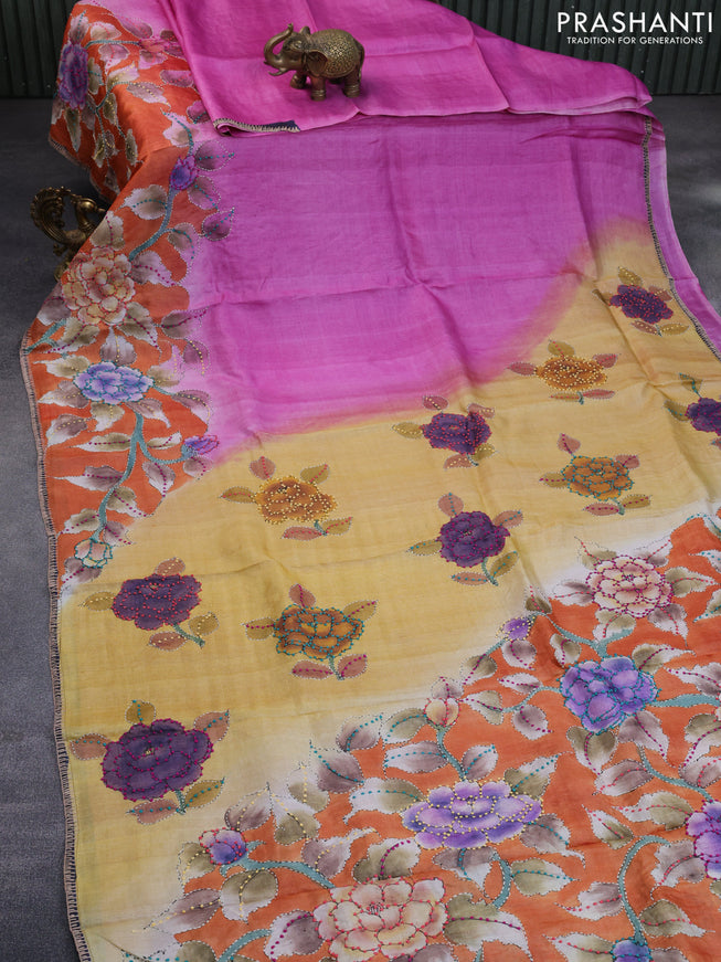 Pure tussar silk saree light pink and rustic orange with allover kalamkari prints & french knot work and piping border