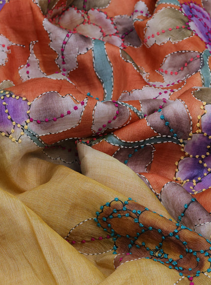 Pure tussar silk saree light pink and rustic orange with allover kalamkari prints & french knot work and piping border