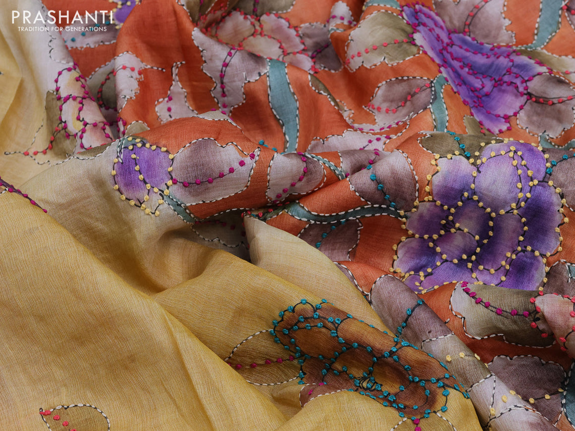 Pure tussar silk saree light pink and rustic orange with allover kalamkari prints & french knot work and piping border