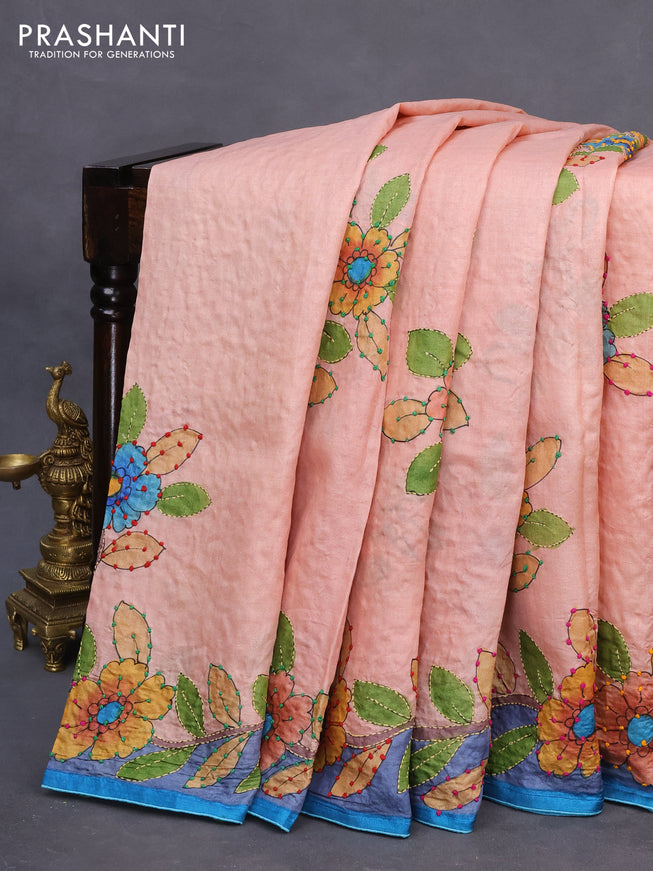 Pure tussar silk saree peach shade and rustic orange with allover kalamkari prints & french knot work and piping border