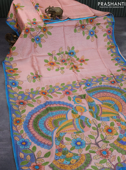 Pure tussar silk saree peach shade and rustic orange with allover kalamkari prints & french knot work and piping border