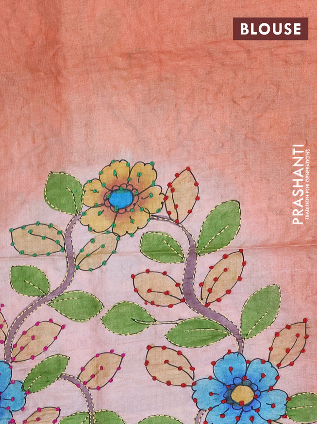 Pure tussar silk saree peach shade and rustic orange with allover kalamkari prints & french knot work and piping border