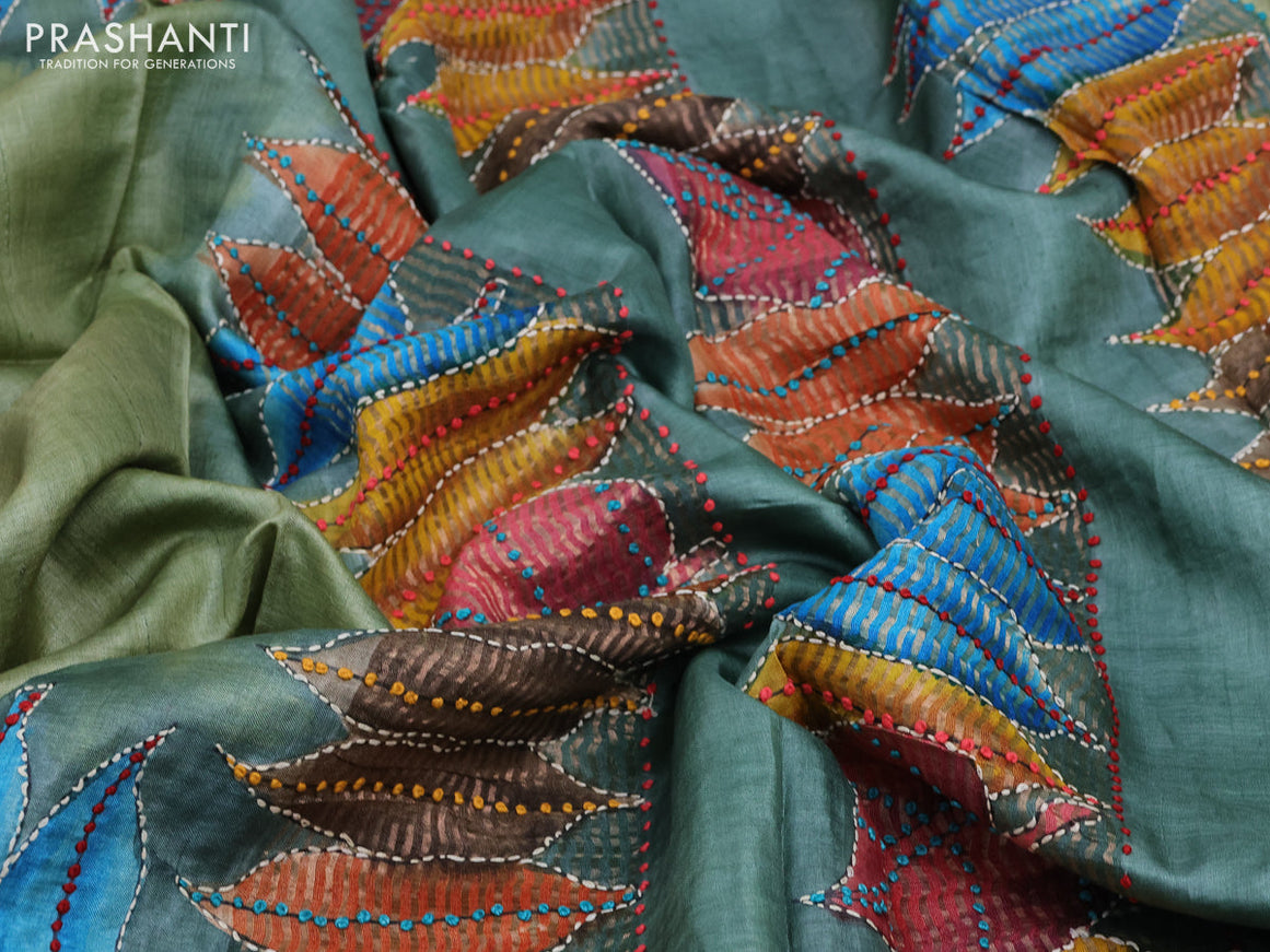 Pure tussar silk saree pastel green and pastel shade with leaf prints & french knot work and zari woven border