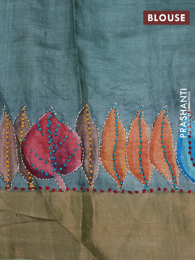 Pure tussar silk saree pastel green and pastel shade with leaf prints & french knot work and zari woven border