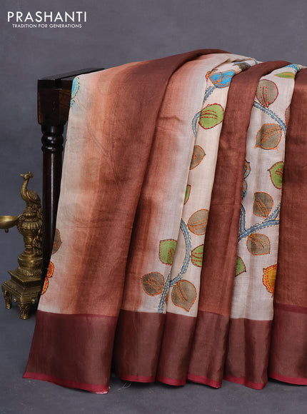 Pure tussar silk saree cream and rustic brown with allover floral prints & kantha work and zari woven border