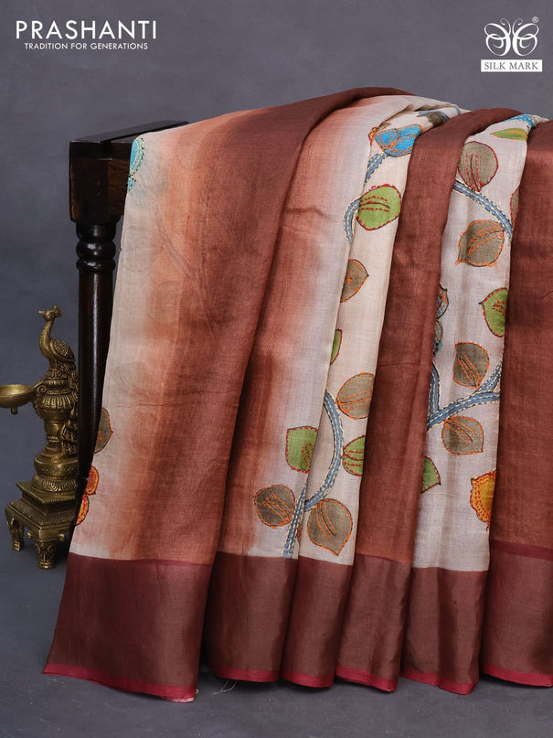 Pure tussar silk saree cream and rustic brown with allover floral prints & kantha work and zari woven border