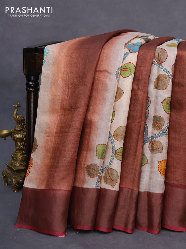 Pure tussar silk saree cream and rustic brown with allover floral prints & kantha work and zari woven border