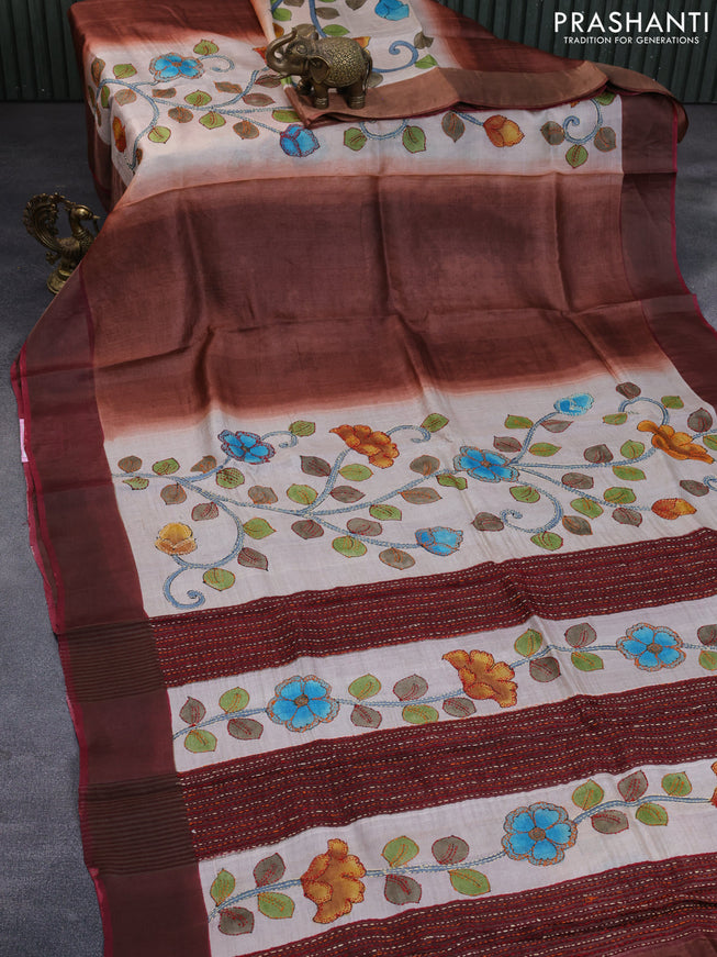 Pure tussar silk saree cream and rustic brown with allover floral prints & kantha work and zari woven border