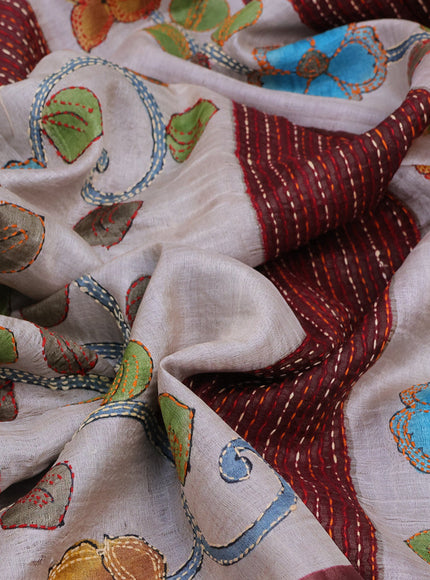 Pure tussar silk saree cream and rustic brown with allover floral prints & kantha work and zari woven border