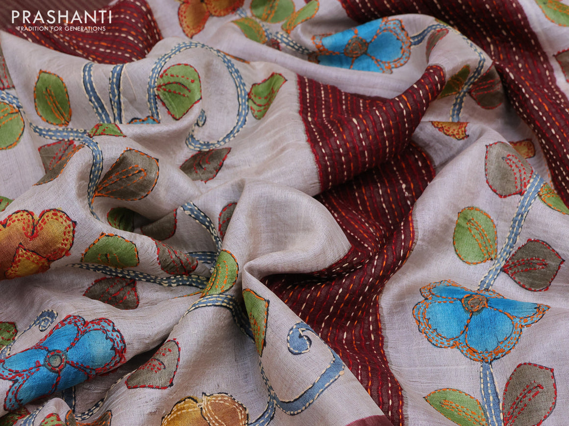 Pure tussar silk saree cream and rustic brown with allover floral prints & kantha work and zari woven border