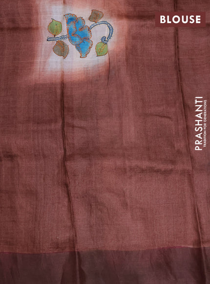 Pure tussar silk saree cream and rustic brown with allover floral prints & kantha work and zari woven border