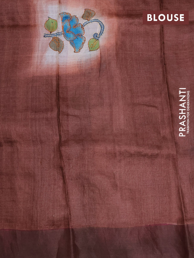 Pure tussar silk saree cream and rustic brown with allover floral prints & kantha work and zari woven border