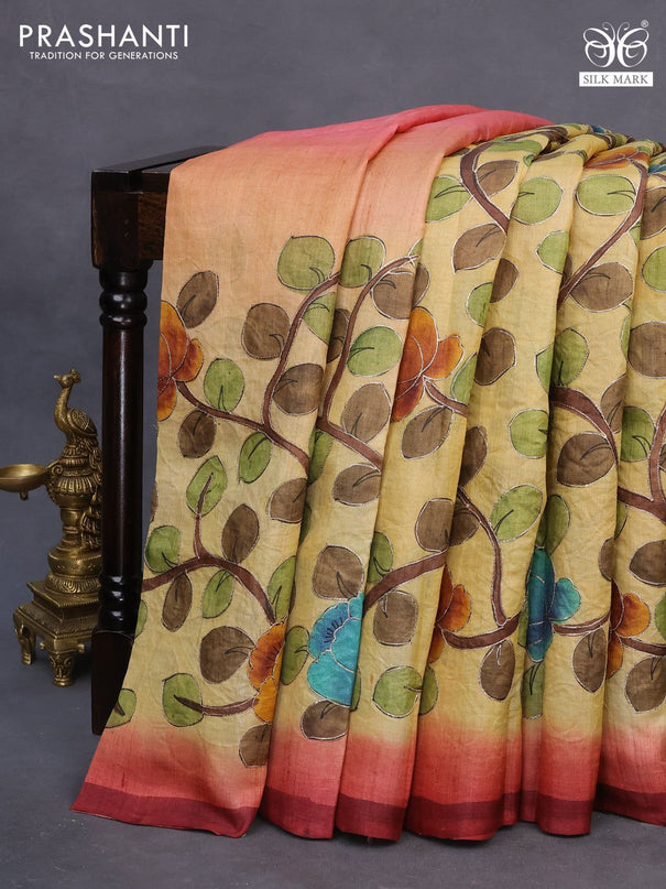 Pure tussar silk saree pale yellow and peach pink with allover embroidery work & kalamkari prints and simple border