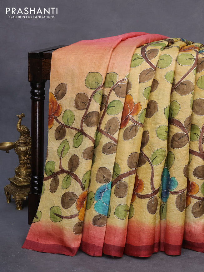 Pure tussar silk saree pale yellow and peach pink with allover embroidery work & kalamkari prints and simple border