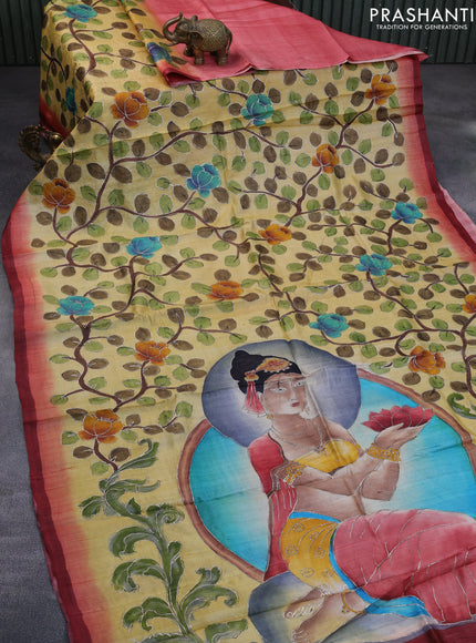 Pure tussar silk saree pale yellow and peach pink with allover embroidery work & kalamkari prints and simple border