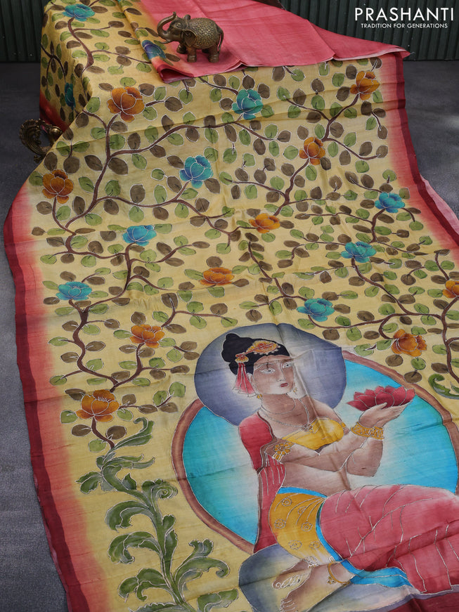 Pure tussar silk saree pale yellow and peach pink with allover embroidery work & kalamkari prints and simple border