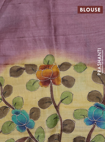 Pure tussar silk saree pale yellow and peach pink with allover embroidery work & kalamkari prints and simple border