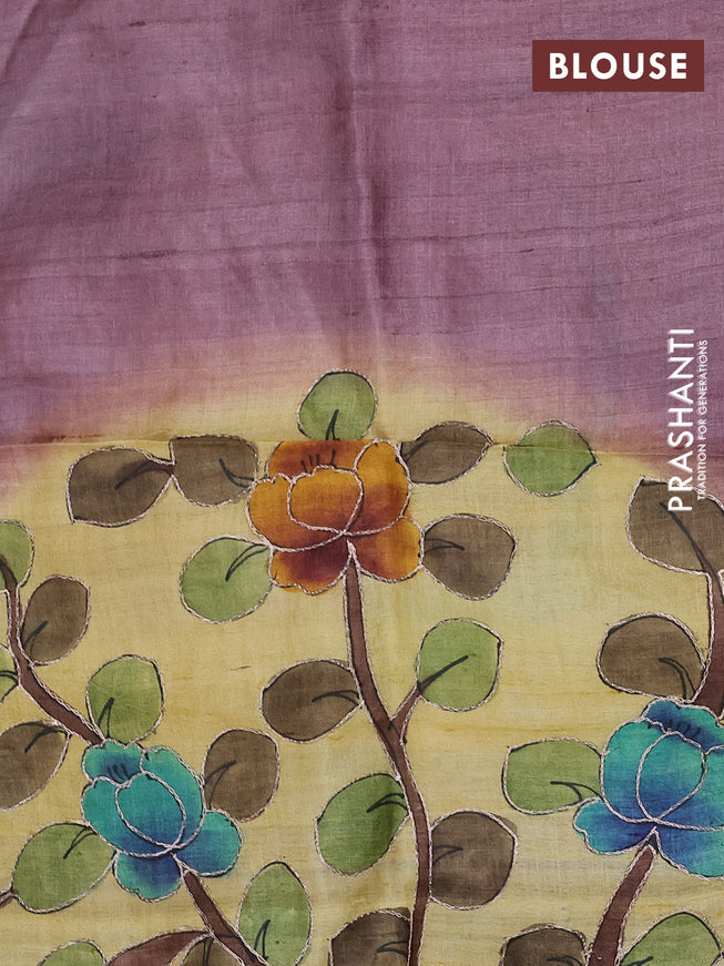 Pure tussar silk saree pale yellow and peach pink with allover embroidery work & kalamkari prints and simple border