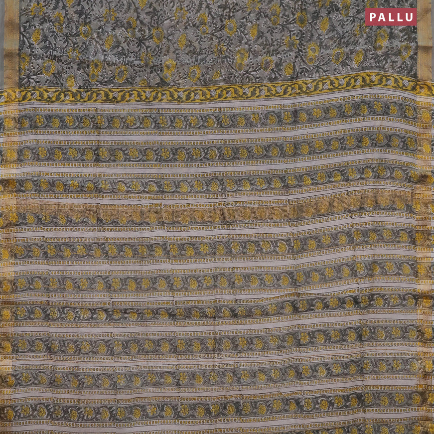 Chanderi bagru saree grey shade with allover floral prints and zari woven maheswari border