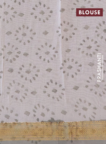 Chanderi bagru saree grey shade with allover floral prints and zari woven maheswari border