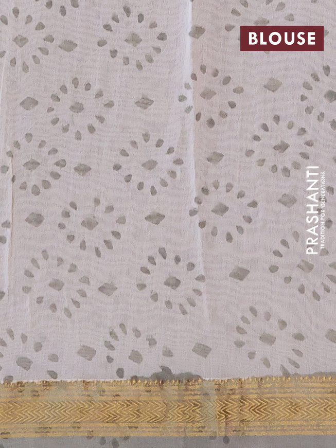 Chanderi bagru saree grey shade with allover floral prints and zari woven maheswari border