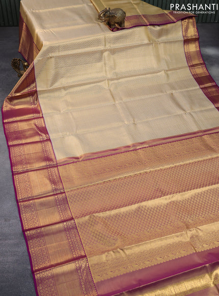 Pure kanchipuram tissue silk saree gold and deep purple with allover silver zari woven geometric weaves and zari woven border