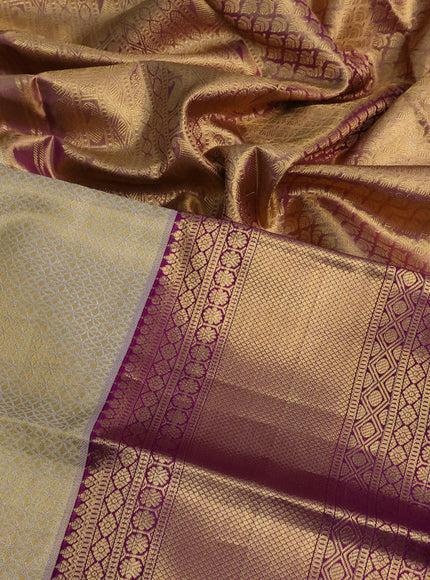 Pure kanchipuram tissue silk saree gold and deep purple with allover silver zari woven geometric weaves and zari woven border