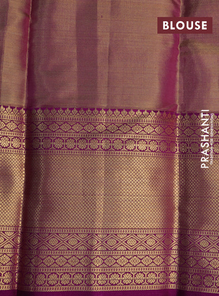 Pure kanchipuram tissue silk saree gold and deep purple with allover silver zari woven geometric weaves and zari woven border